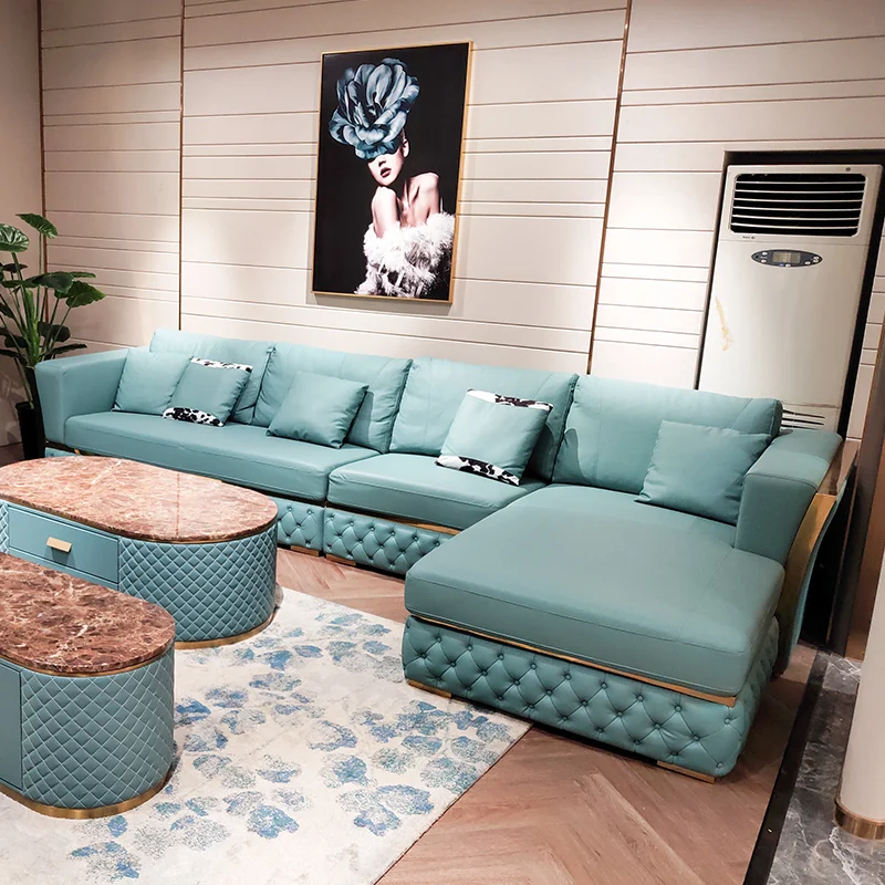 Kartgo Aqua Luxury L-Shaped Sectional Sofa with Quilted Base & Gold Trim - Image 2