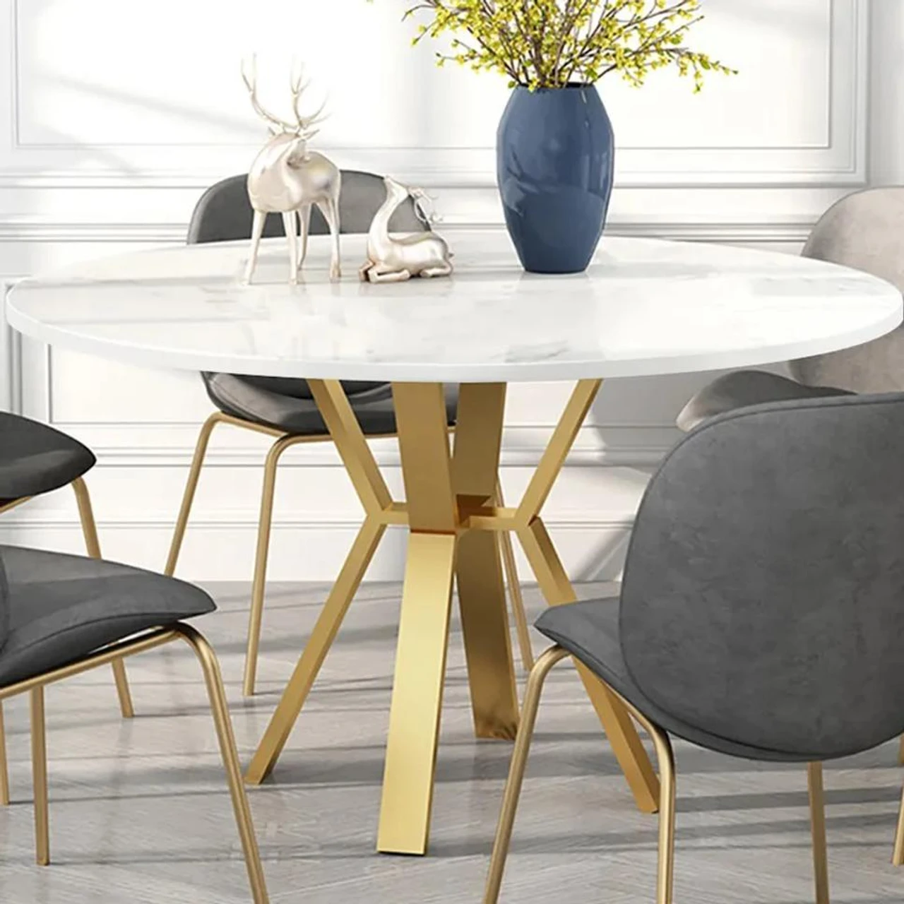Kartgo Modern Round White Marble Dining Table with Gold-Finished Geometric Legs - Image 2