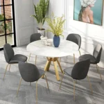 Kartgo Modern Round White Marble Dining Table with Gold-Finished Geometric Legs