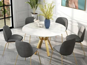 Kartgo Modern Round White Marble Dining Table with Gold-Finished Geometric Legs