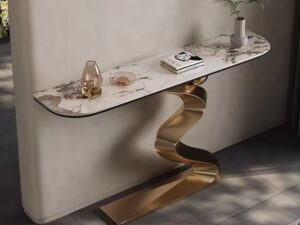 Twist Curve Gold Console Table with Marble Top – Modern Luxury Entryway & Hallway Table | Kartgo