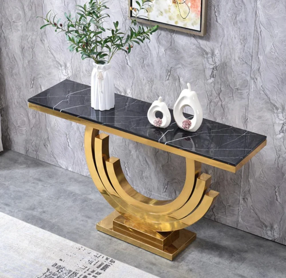 Black Marble Top Crescent Console Table with Gold Base – Modern Luxury Entryway Table | Kartgo - Image 3