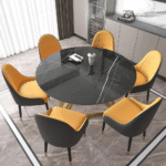Round Marble Dining Table Set (4 & 6 Seater) – Gold Geometric Base with Chairs | Kartgo