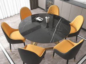 Round Marble Dining Table Set (4 & 6 Seater) – Gold Geometric Base with Chairs | Kartgo