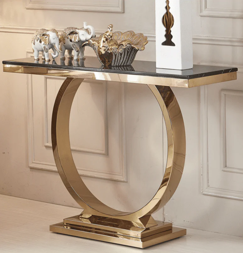 Single Ring Chrome/Gold Console Table with Marble Top – Modern Luxury Entryway & Hallway Table | Kartgo