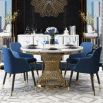 Modern Round Marble Dining Table with Gold Metal Base – Luxury Dining Set | Kartgo