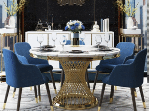 Modern Round Marble Dining Table with Gold Metal Base – Luxury Dining Set | Kartgo