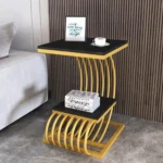 Kartgo Modern Designer Bedside Table (Natural Stone & Gold Accents)
