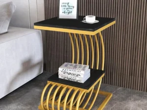 Kartgo Modern Designer Bedside Table (Natural Stone & Gold Accents)