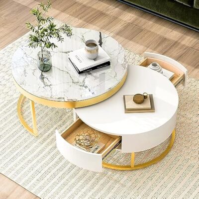 Modern Round Sintered Stone Nesting Wood Coffee Table With Drawers In White - Image 4