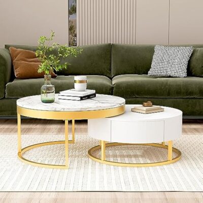 Modern Round Sintered Stone Nesting Wood Coffee Table With Drawers In White - Image 5
