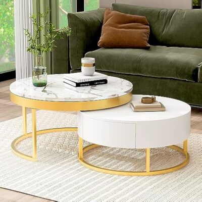 Modern Round Sintered Stone Nesting Wood Coffee Table With Drawers In White - Image 6
