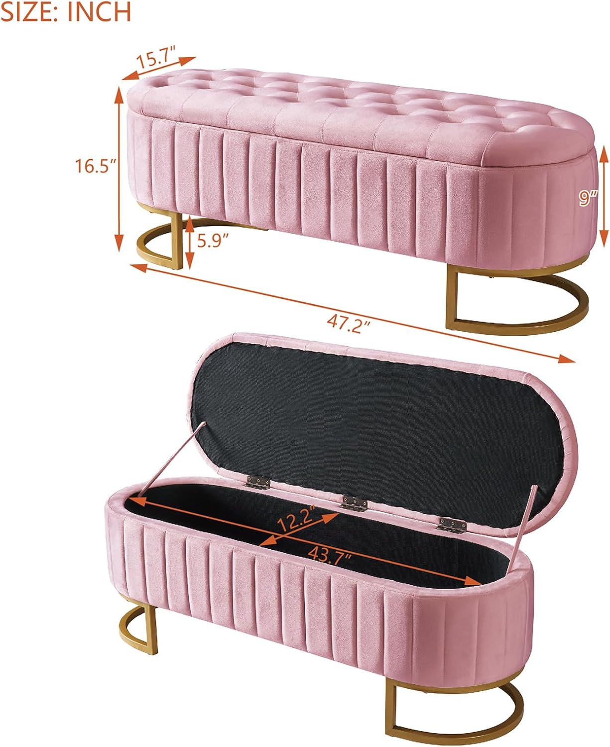 Kartgo Fluted Velvet Storage Bench with Gold Base - Image 3