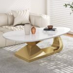 Sculptural Oval Marble Top Center Table with Geometric Stainless Steel PVD Base | Kartgo