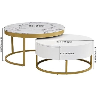 Modern Round Sintered Stone Nesting Wood Coffee Table With Drawers In White - Image 2
