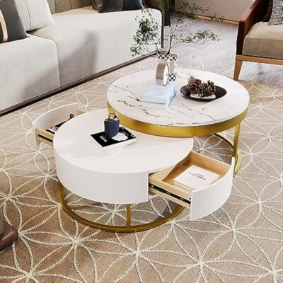 Modern Round Sintered Stone Nesting Wood Coffee Table With Drawers In White - Image 3
