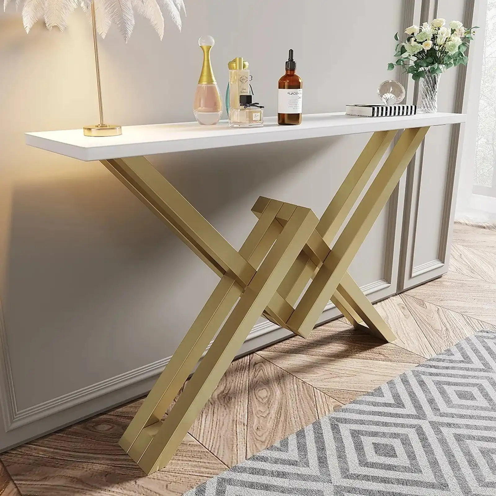 Kartgo Zenith Geometric Console Table (White & Gold) - Image 5