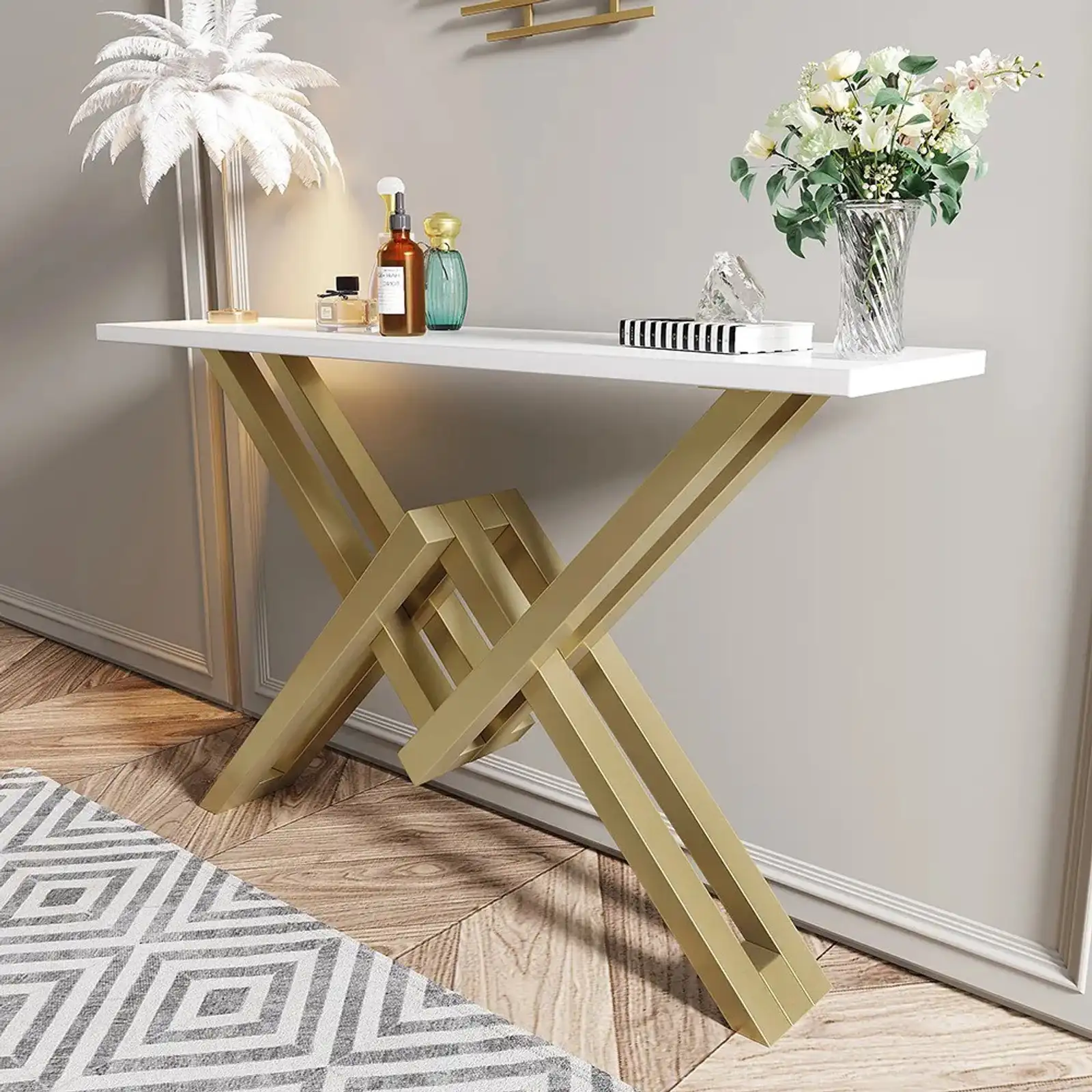 Kartgo Zenith Geometric Console Table (White & Gold) - Image 4