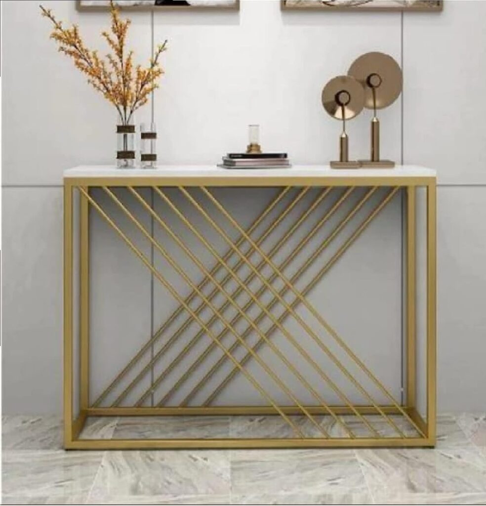 Gold Grid Console Table with Marble Top – Modern Minimalist Entryway ...