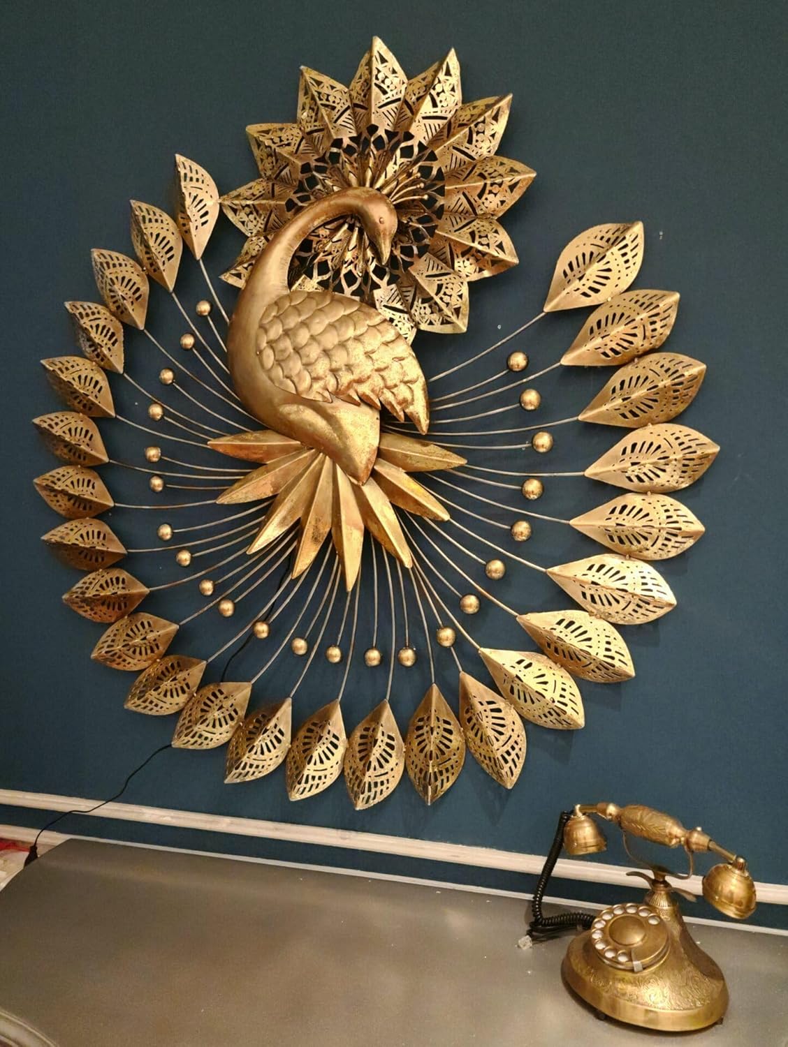 Kartgo Royal Dancing Peacock LED Metal Wall Art (Golden Handcrafted) - Image 2