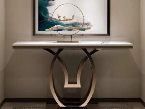 Dual Ring Gold Console Table with Marble Top – Modern Luxury Entryway & Hallway Table | Kartgo