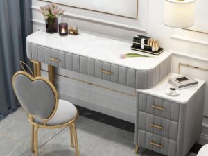 Kartgo Dove Grey Velvet Vanity Set (Marble Top & Heart-Back Chair)