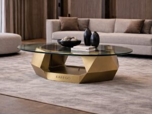 Kartgo Luxury Diamond Faceted Centre Table (Tempered Glass & Gold Base)