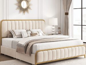 Kartgo Royal Velvet Wingback Platform Bed (Champagne Ivory & Gold)