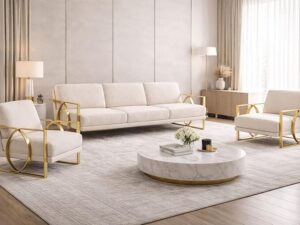 Kartgo Luxury Cream Velvet 3-Seater Sofa (Gold Oval Frame)