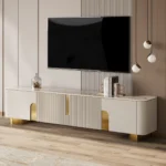 Kartgo Luxury Beige Marble TV Stand (Fluted Design & Gold Accents)