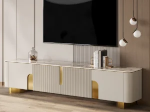 Kartgo Luxury Beige Marble TV Stand (Fluted Design & Gold Accents)