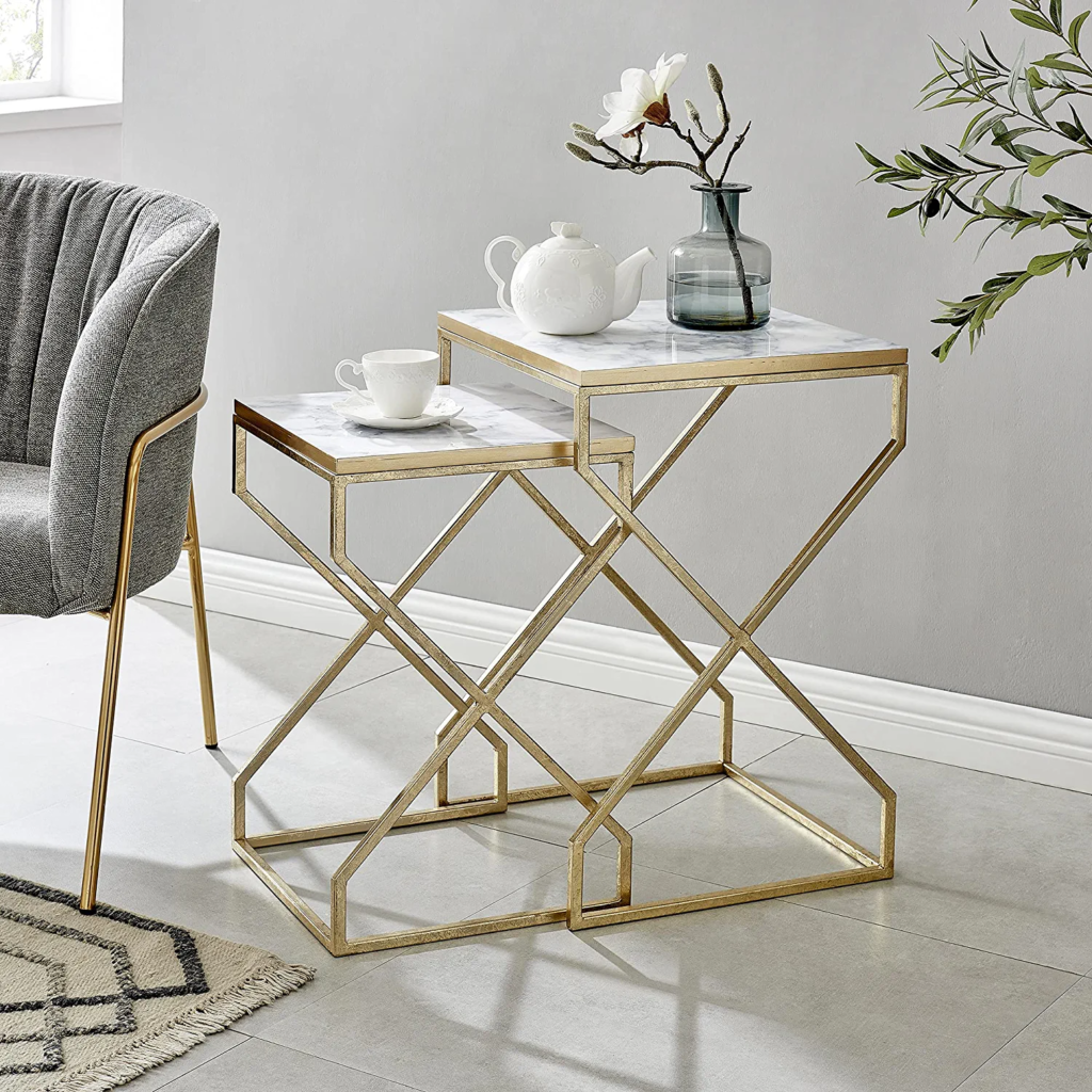 Kartgo Marble Nesting Side Tables (Geometric Gold Base)