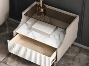 Kartgo Marbella Luxe Nightstand (Marble, Glass & Fluted Detailing)