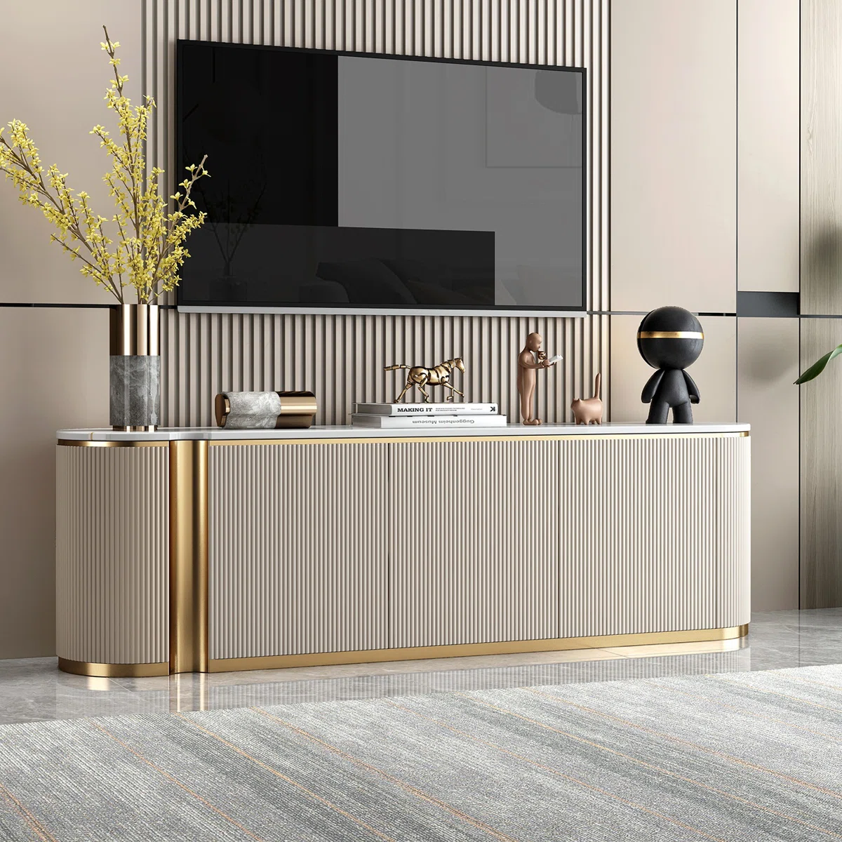 Kartgo Luxe Emerald Fluted TV Cabinet (White Marble Top) - Image 4