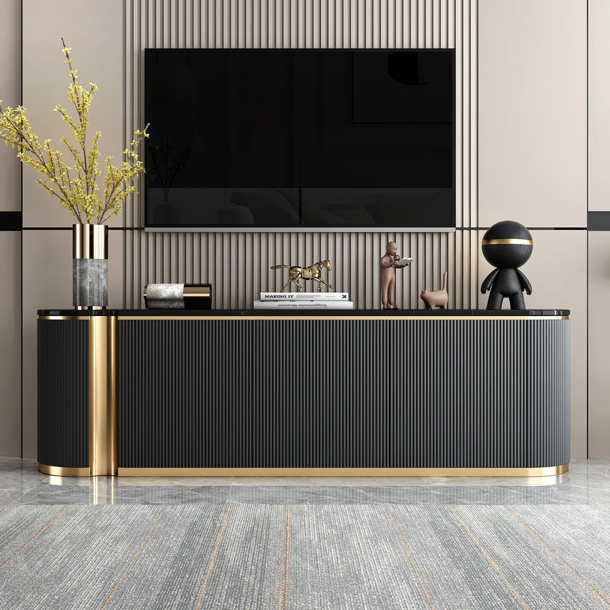 Kartgo Luxe Emerald Fluted TV Cabinet (White Marble Top) - Image 3