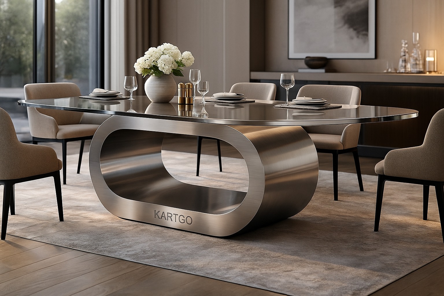 Kartgo Elliptical Dining Table (High-Gloss Chrome & Glass)