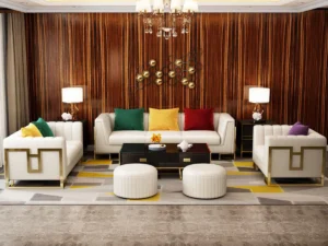 Kartgo Premium White Vegan Leather Sofa Set (Geometric Gold Base)