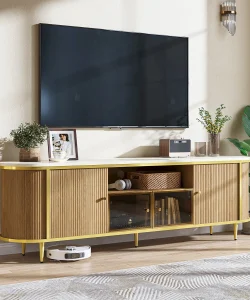 70_+Modern+Fluted+TV+Stand+for+TVs+Up+to+80_,+Luxury+Entertainment+Centre+with+Faux+Marble+Top+&+Curved+Profile,+Gold+Accent+Media+Console+for+Living+Room-981777640